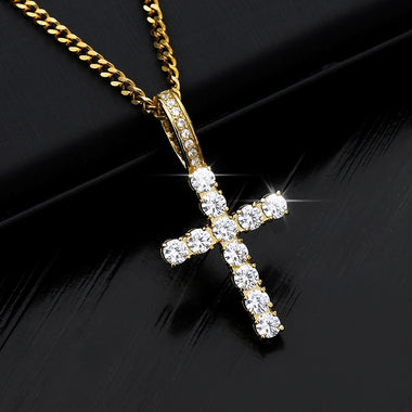 Iced Out Gold Cross Pendant and Necklace - Kick Doors Apparel 
