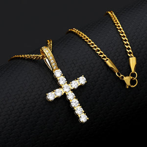 Iced Out Gold Cross Pendant and Necklace - Kick Doors Apparel 